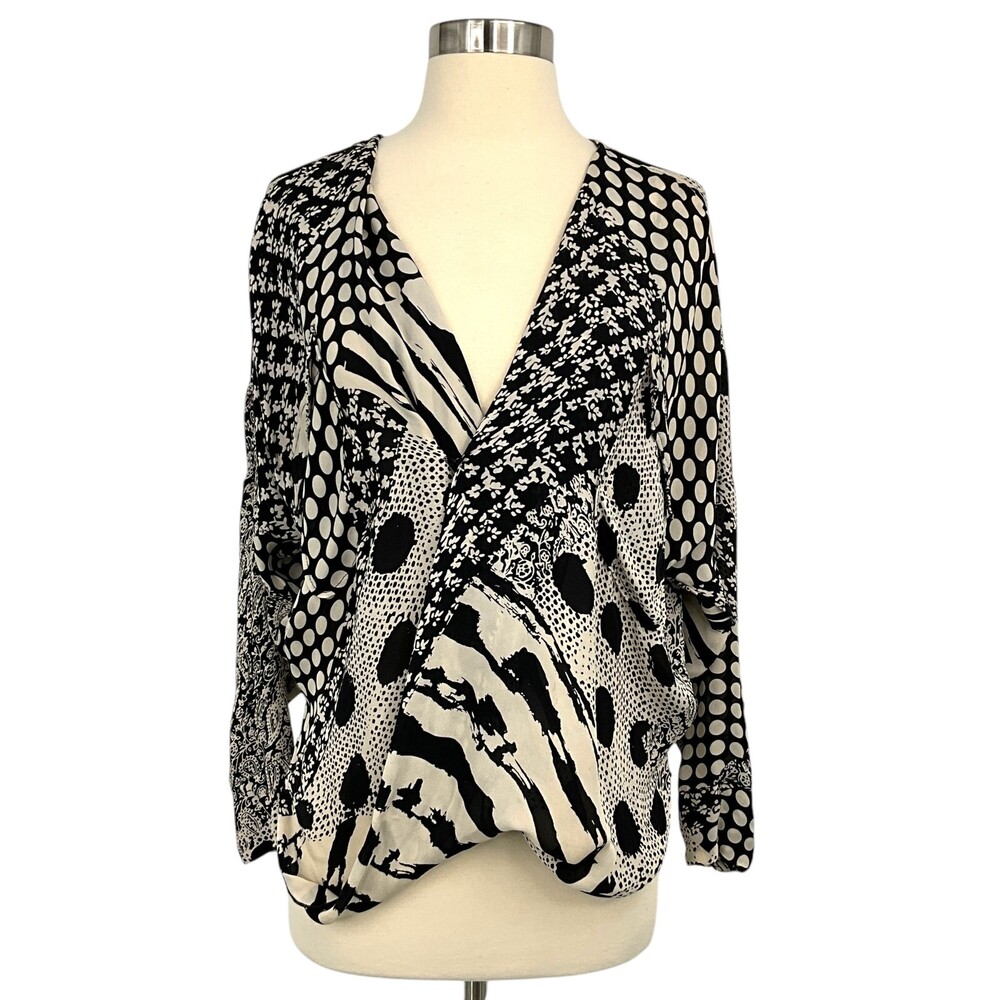 Love Johnny Was Faux Wrap Blouse Black Cream Size S Mixed Media Silk Long Sleeve